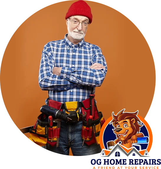 Handyman with tool belt and crossed arms, wearing a red hat and glasses. OG Home repairs logo next to him