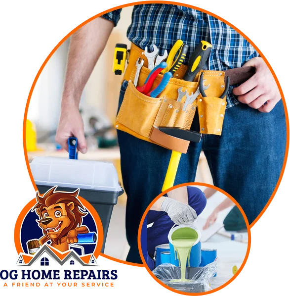 Og home repairs logo, a man with a tool box, tool belt and some paint being poured